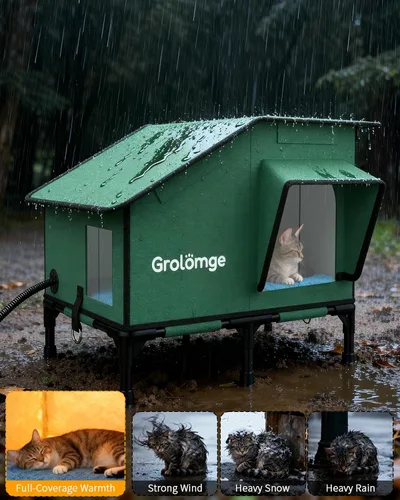 Vista 4 de Casa climatizada para gatos para exteriores, refugio elevado para gatos con almohadilla térmica y puerta de escape, refugio para gatos al aire libre