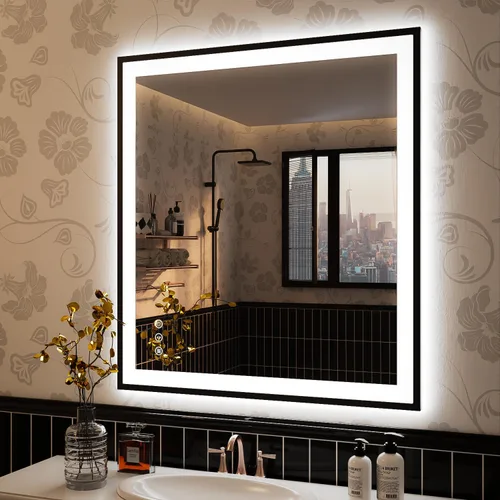 Vista 10 de ISKM Espejo LED de 20 x 28 pulgadas para baño, espejo de tocador iluminado para pared con luces frontales + espejo de baño LED retroiluminado
