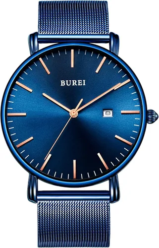 BUREI Relojes para hombre Marrón Cuero Moda Minimalista Reloj de pulsera Simple Ultra Fino Resistente al agua Relojes de cuarzo Todo Negro Correa de