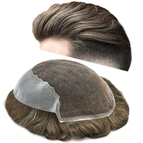 Vista 464 de Toupee - Sistemas de reemplazo de cabello para hombre, encaje frontal suizo, nudo blanqueado, pieza de cabello humano natural