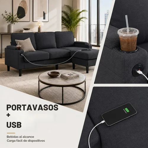 Vista 6 de Sofá modular de terciopelo en forma de L de 67 pulgadas con otomana, sofá convertible de 3 asientos con asiento profundo de nube para sala de estar