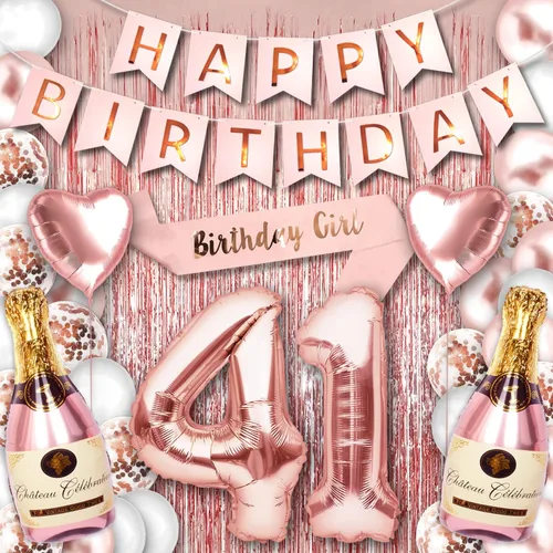 Decoraciones de fiesta de cumpleaños número 41 para ella, suministros de oro rosa, juego grande con pancarta de cumpleaños y globos de 41 dígitos de