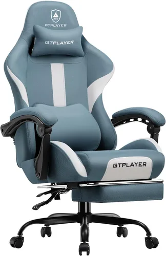 GTPLAYER - Silla de oficina ergonómica con reposapiés y cojín de resorte de bolsillo, silla de escritorio de computadora de respaldo alto con Azul