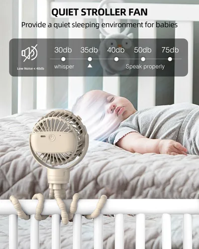 Vista 3 de TUNISE Ventilador de cochecito, recargable con puerto tipo C, 4000 mAh, giratorio de 360°, trípode flexible de 3 velocidades, clip en cualquier