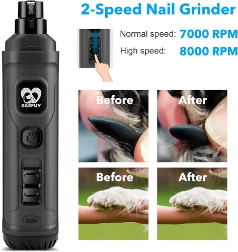 Vista 5 de Casfuy - Lima de uñas para perros con 2 luces LED - Nueva versión, recortador de uñas de mascotas eléctrico potente de 2 velocidades, profesional