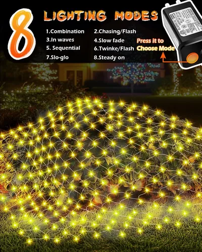 Vista 2 de Luces de Red de Halloween de 9.8 x 6.6 pies, 200 Luces LED de Malla para Exteriores con 8 Modos, Luces de Cadena Impermeables para Arbusto