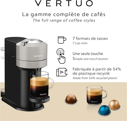 Vista 3 de Nespresso Vertuo Next Cafetera de café y espresso de Breville, con espumador de leche Aeroccino, gris claro