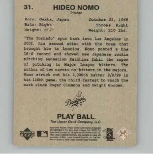 Vista 2 de 2003 Upper Deck Play Ball 1941 Series #31 Hideo Nomo Los Angeles Dodgers MLB Béisbol Trading Card