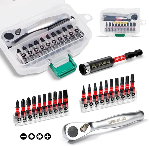 Vista 10 de GEINXURN Juego de 4 Mini Llaves de Trinquete y Soporte para Brocas, Llave de Mango de Trinquete de Accionamiento de 1/4", Llave de Vaso Reversible