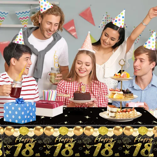 Vista 5 de Uiorgui 2 manteles de cumpleaños de 18 años, decoración de cumpleaños número 18 negro y dorado para niños y niñas, mantel rectangular de plástico