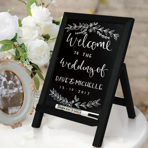 Vista 9 de 4 THOUGHT Letreros pequeños de pizarra de mesa, 9.5 x 14 pulgadas, mini pizarra magnética con soporte para alimentos, marco de madera, caballete