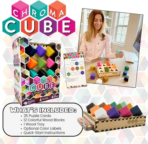 Vista 5 de Project Genius: Chroma Cube, un rompecabezas de lógica colorido, 12 bloques de madera coloridos, 25 tarjetas de Brainteaser, rompecabezas, gran