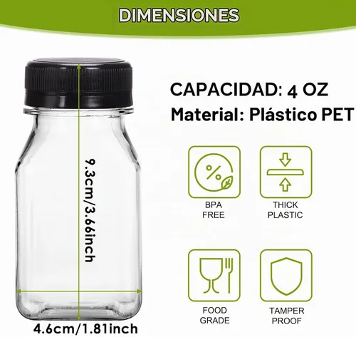 Vista 3 de Moretoes 6 botellas de 120 ml de plástico para jugo con tapas, botellas transparentes vacías reutilizables para shots de jengibre, recipientes