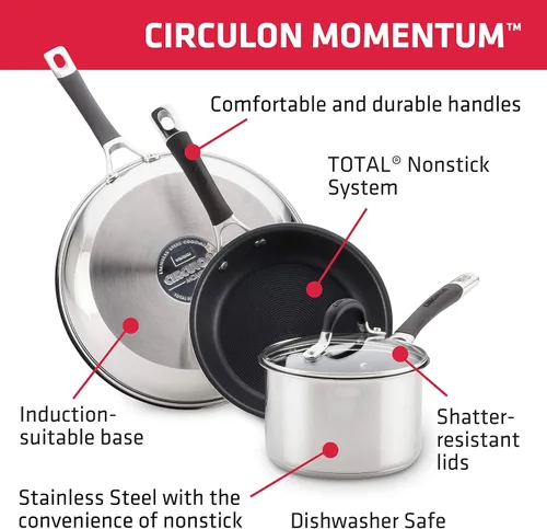 Vista 6 de Circulon Momentum - Sartén de acero inoxidable con tapa, 2 cuartos de galón, color plateado