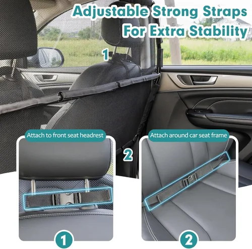 Vista 6 de Barrera de Automóvil para Perros a Prueba de Escape, Divisor de Automóvil de 50" de Ancho para Asientos de 2da y 3ra Fila y Área de Carga, Puerta