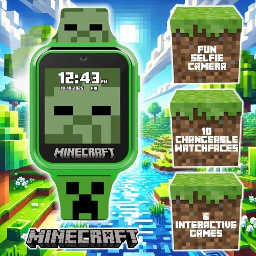Vista 5 de Minecraft - Reloj inteligente para niños, reloj interactivo con pantalla LED con 10 caras de reloj personalizadas, juegos, cámara, alarma