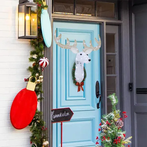 Vista 6 de WATERGLIDE Cabeza de reno iluminada para decoración de pared, 28 pulgadas, corona colgante de Rudolph 3D preiluminada con pilas, 8 modos