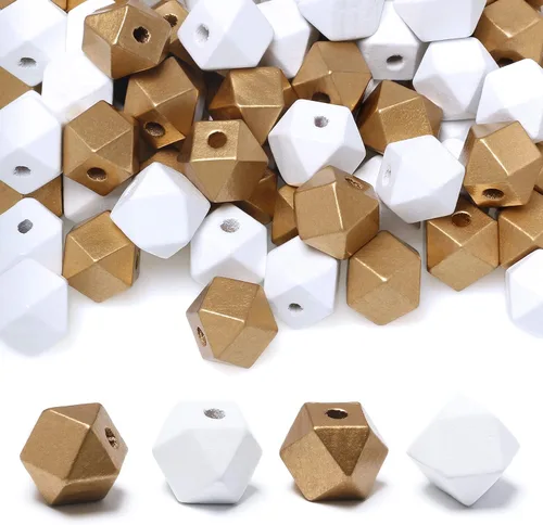 Vista 8 de 100 cuentas geométricas de madera de 0.630 in, cuentas espaciadoras de madera con forma de polígono en blanco y negro para proyectos