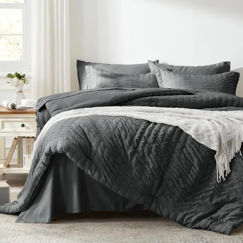 Vista 30 de Zzlpp - Juego de edredón tamaño queen, gris oscuro, de sirsaca, 7 piezas, para todas las estaciones, incluye 1 edredón, 2 fundas de almohada, 2