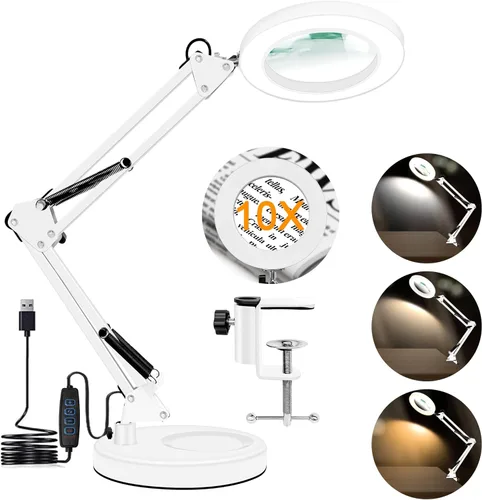 Vista 9 de Lupa de Aumento 10X con Luz y Abrazadera, Lupa de Cristal Real con LED Iluminada, 3 Modos de Color 10 Niveles Regulables, Lámpara de Aumento