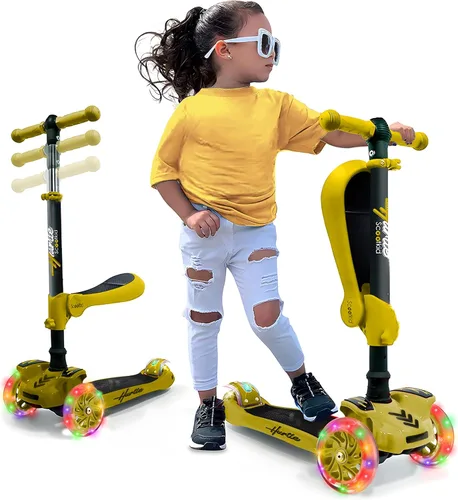 Vista 9 de Hurtle Patinete de 3 ruedas para niños, luces LED de ruedas, manubrio ajustable de inclinación para dirigir y asiento plegable, paseo sentado