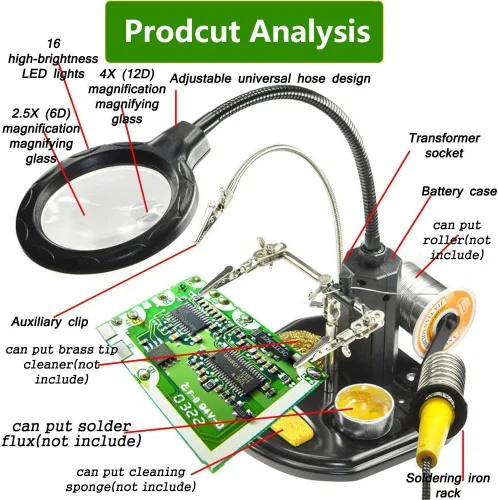 Vista 2 de Estación de lupa con luz LED para manos libres - FEITA 2.5X/4X Soporte de lupa iluminado con base pesada y abrazadera auxiliar con pinzas