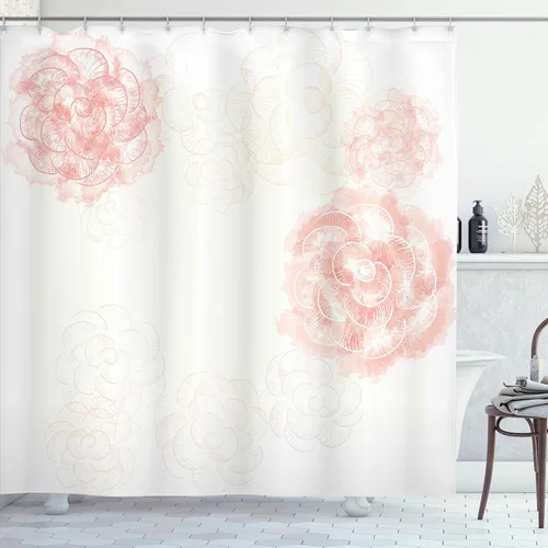 Vista 5 de Ambesonne Cortina de ducha abstracta, acuarela horizontal ovalada en forma de hojas, tonos pastel suaves, obras de arte clásicas, juego