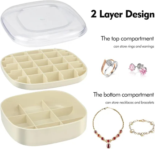 Vista 3 de Caja organizadora de joyas de 2 capas, bandeja para aretes con tapa transparente, estuche apilable para collares, pulseras, anillos, aretes (marfil)