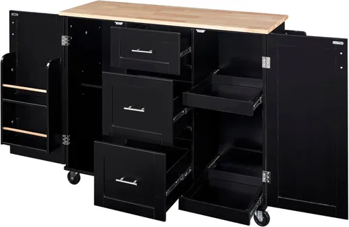 Vista 7 de LUMISOL Isla de cocina con ruedas con estante de almacenamiento interno, carrito de isla de cocina con parte superior de madera de goma, 2 estantes