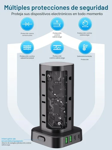 Vista 6 de Regleta de alimentación de torre con múltiples salidas, protector de sobretensiones de enchufe plano, cable de extensión de torre con 12 tomas