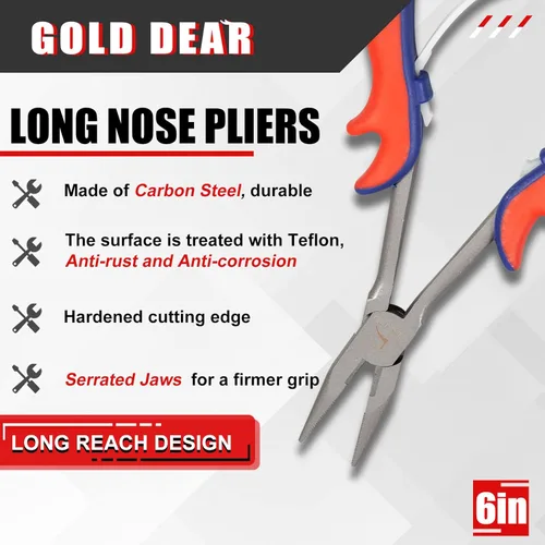 Vista 2 de Alicates de punta larga de 6 pulgadas de largo alcance con mandíbulas dentadas para pesca, envoltura de alambre, espacios estrechos de difícil
