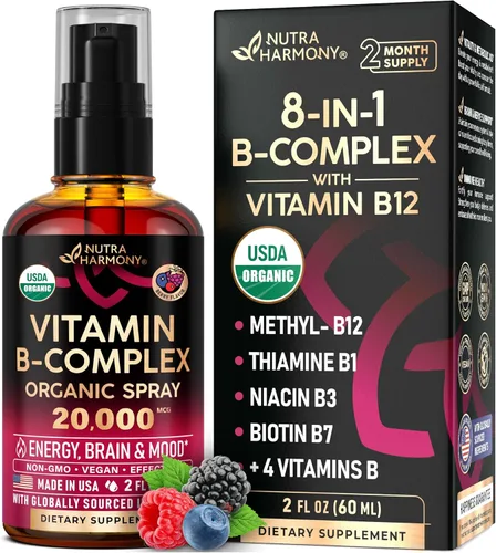 Vista 10 de Vitamina B-Complex orgánico USDA B5 ácido pantoténico B12 metilcobalamina B1 tiamina B6 piridoxina B7 biotina B9 ácido fólico B3