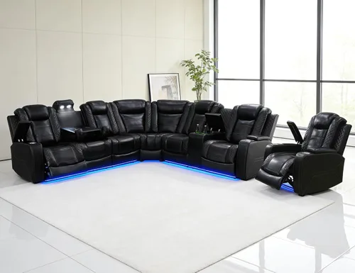 Vista 9 de Juego de sofá seccional reclinable eléctrico con luz LED, sofá esquinero reclinable de cuero y silla, muebles reclinables de teatro