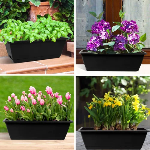 Vista 5 de 8 maceteros de ventana, cajas de flores para ventana de 17 pulgadas, maceteros rectangulares con agujeros de drenaje y bandejas, macetas de plástico