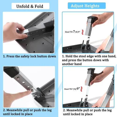 Vista 6 de Double Elite Taburetes Plegables Ajustables de 3 Niveles para Adultos, Escalón de Metal Resistente para RV, Taburete de Cocina Pequeño Plegable Más