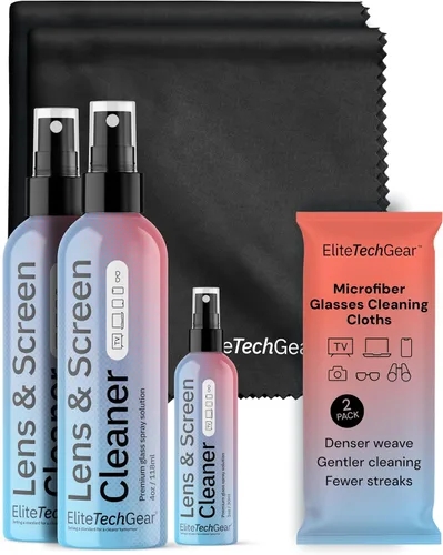 Elite Tech Gear Kit de Cuidado Óptico, de Pantalla y Lentes - Aerosol de 3 Piezas (2x4oz+1oz) con 2 Paños de Microfibra - Solución para Anteojos Sin