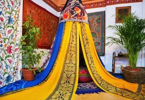 Vista 7 de Toldo de cama bohemio, dosel de sari Cortinas de cama - Cama Montessori - Espacio de meditación Dormitorio bohemio