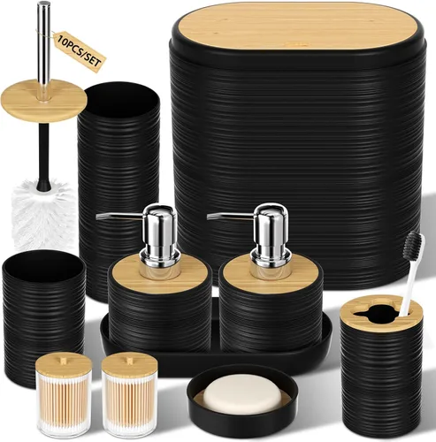 XLHOMO Juego de 10 accesorios de baño color negro, juego de accesorios de baño de lujo con basura, cepillo de inodoro y 2 dispensadores de jabón