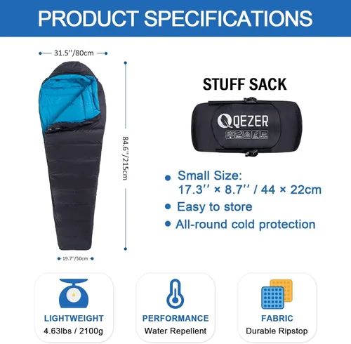 Vista 2 de Down Sleeping Bag for Adults, 0°F 10°F 15°F 20°F 600 Fill Power Mummy Lightweight Compact Cold and Warm Weather Backpacking Sleeping Bag for Camping