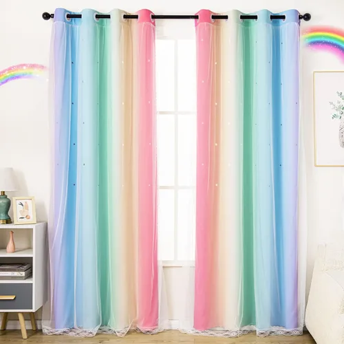 Vista 12 de UNISTAR - 2 paneles de cortinas opacas y transparentes con estrellas para dormitorio de niñas, niños, habitación de bebé, cortinas de doble capa
