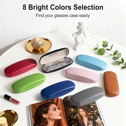 Vista 4 de RayLove Estuche para lentes, funda rígida unisex para lentes, de piel sintética, para lectura de ojos duros con accesorios para gafas