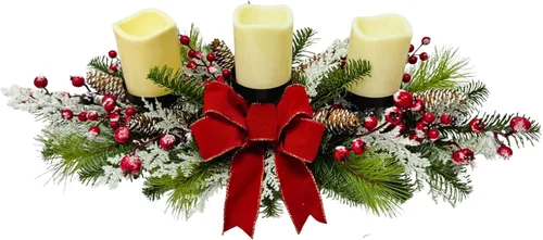 Vista 3 de Portavelas de Navidad, decoración de Navidad, 3 portavelas con cono de pino flocado de nieve, bayas rojas y lazo rojo para centro de mesa
