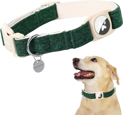 Vista 45 de DOGWONG Airtag Collar de Perro de Algodón y Cáñamo, Collar de Perro Resistente con Soporte para Airtag Tela Natural Verde Collar Lindo para Cachorro