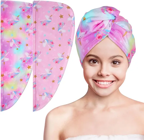 Vista 16 de Basumee Toalla Envolvente de Microfibra para el Cabello para Niños Paquete de 2 Toallas de Cabello de Secado Rápido con Botón Turbantes para Cabello