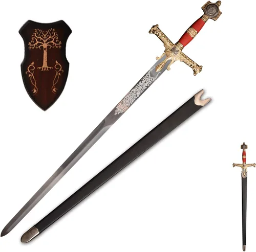 Vista 9 de Espada fort 48.8" KingSolomon, espada de caballero medieval clásica de metal real, espadas bíblicas de todo metal, roja/marrón