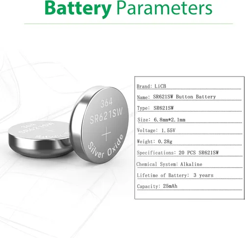 Vista 2 de LiCB Paquete de 20 baterías SR621SW 364 164 363 AG1 de 1.5 V con botón de celda de reloj