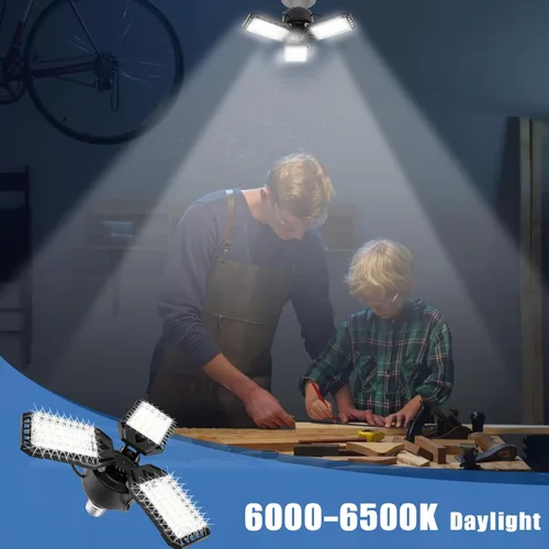 Vista 6 de Aoretic Paquete de 1 bombilla LED para garaje, 80 W, 8000 lm 6500 K, luz LED de taller con 3 paneles ajustables, luz de granero de sótano, luces