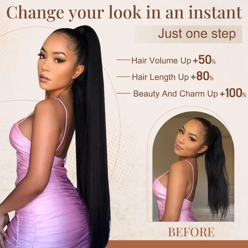 Vista 5 de Flufymooz extensión de cola de caballo, 36 pulgadas de largo, liso, con cordón, piezas de cabello sintéticas, colas de caballo falsas, clip suave