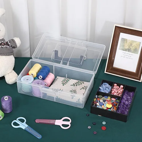 Vista 2 de BTSKY Caja de almacenamiento de plástico transparente con bandeja extraíble, caja de almacenamiento de artículos de papelería multiusos con asa