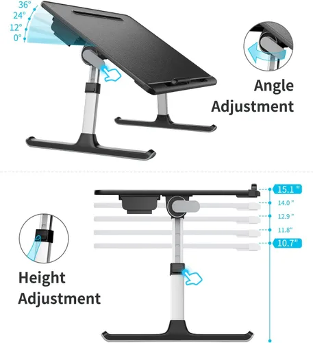Vista 3 de Mesa para cama con bandeja para laptop, SAIJI Mesa ajustable para laptop de tamaño extra grande, plegable, con cajón de almacenamiento y soporte